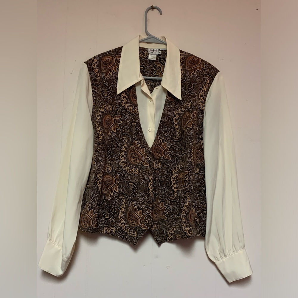 Vintage Vest Blouse Button Front Point Collar Western Cowboy Paisley M
